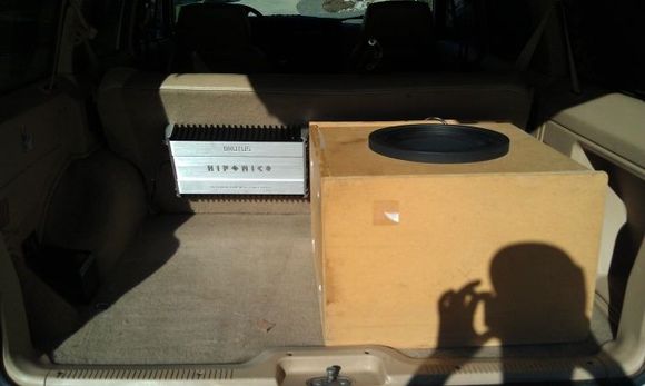 Custom box tuned to 32HZ.  Single Alpine Type-R with Hifonics Amp.  Amp is drilled and bolted into the rear bench.