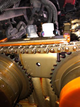 This is a loose timing chain, slow starts, rattling on cold start, gave a code just prior to changing it. A skipped link gave P0016