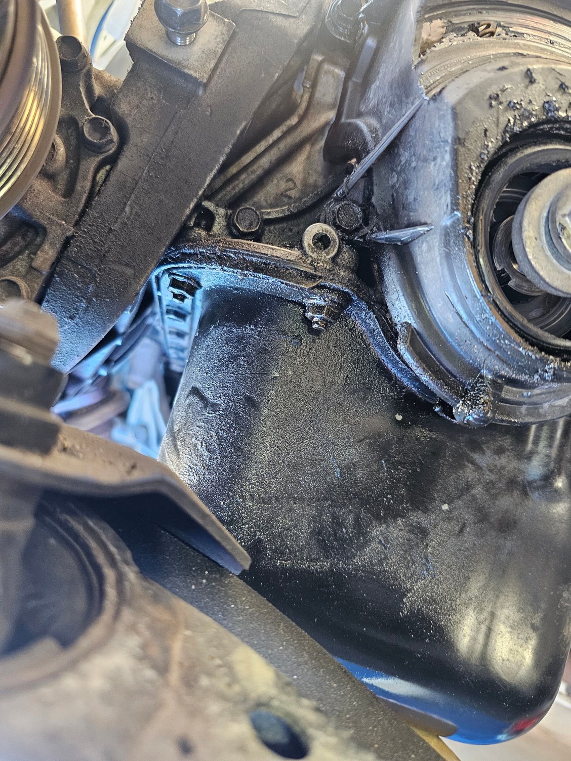 #4. Oil Pan area, left of lower timing belt cover.