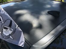 Carbon fiber wrap on the roof, roof wing, trunk spoiler, strip above the license plate, and front lip. Let me know what y’all think?!