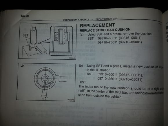 Lexus Shop Manual depicting indexing of replacement Strut Bar Bushing.