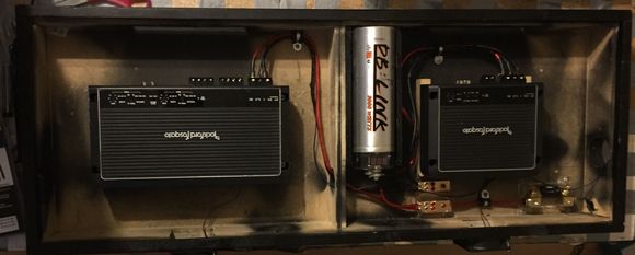 Wiring for amp box.  Not the most professional but will do for us. Amps sit on about two inch risers so that air can flow underneath them.
