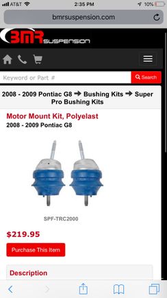 Pontiac G8 superpro motor mounts