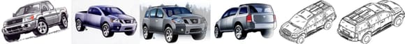 Ideation and Ornamental Sketches For Nissan A60 trucks dated 2000 (TA60), January 2001 (WA60 SUV) and August 2001 (JA60 Infiniti)