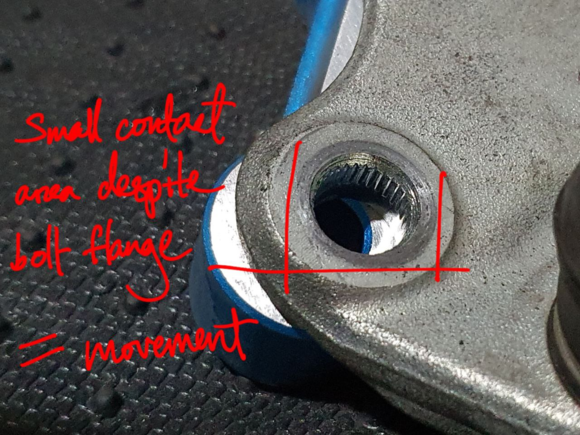 Ball joint base showing how little actual contact area there was between it and the bolt flange.