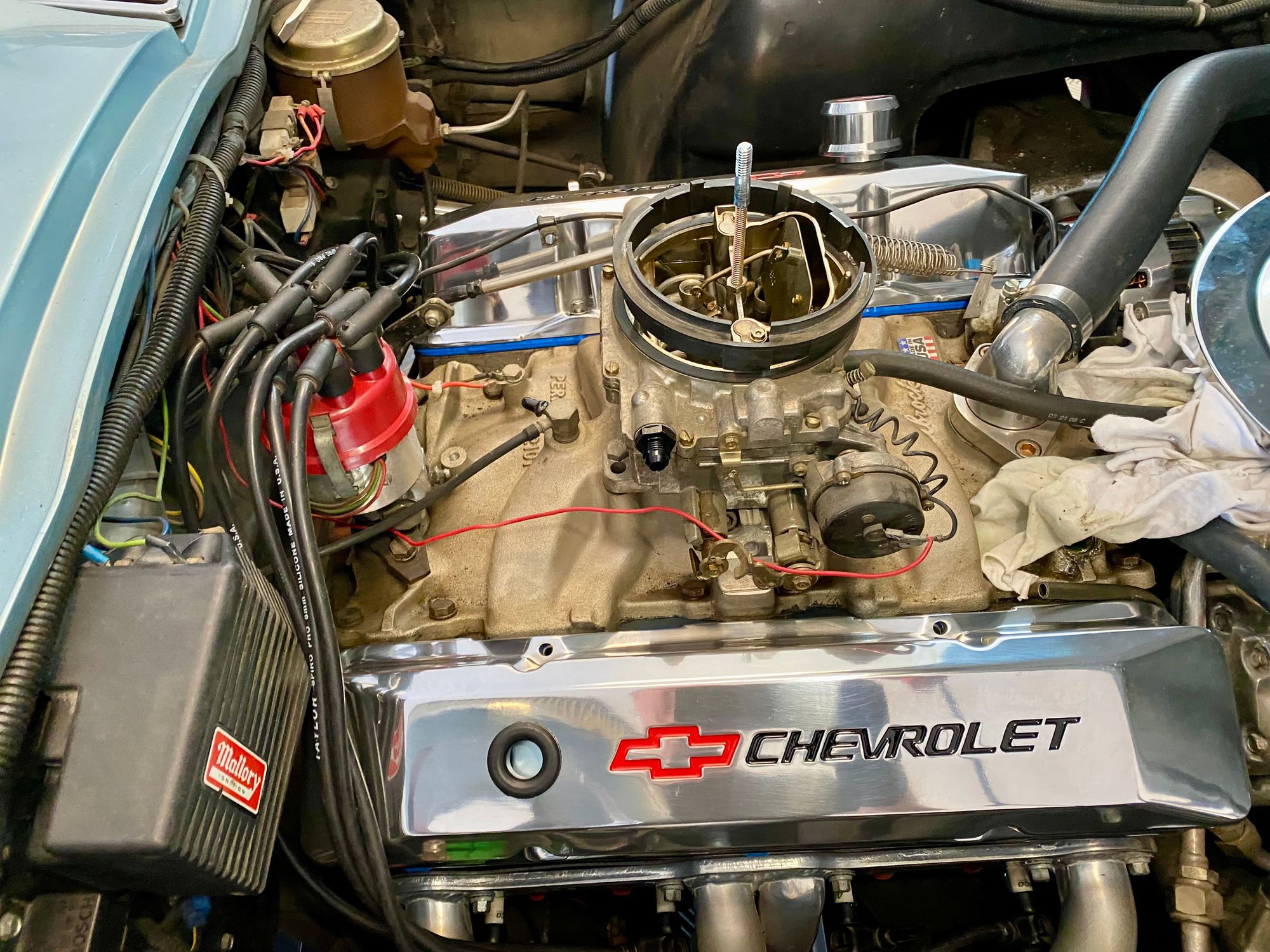 I’ve never been a fan of Edelbrock carbs and this one will be replaced in the fall with a Holley style dual feed, vacuum secondary. It’s hard to see in this picture, but whoever bent the metal fuel line didn’t use a tubing bender and it has a big kink in it. That section is getting replaced.