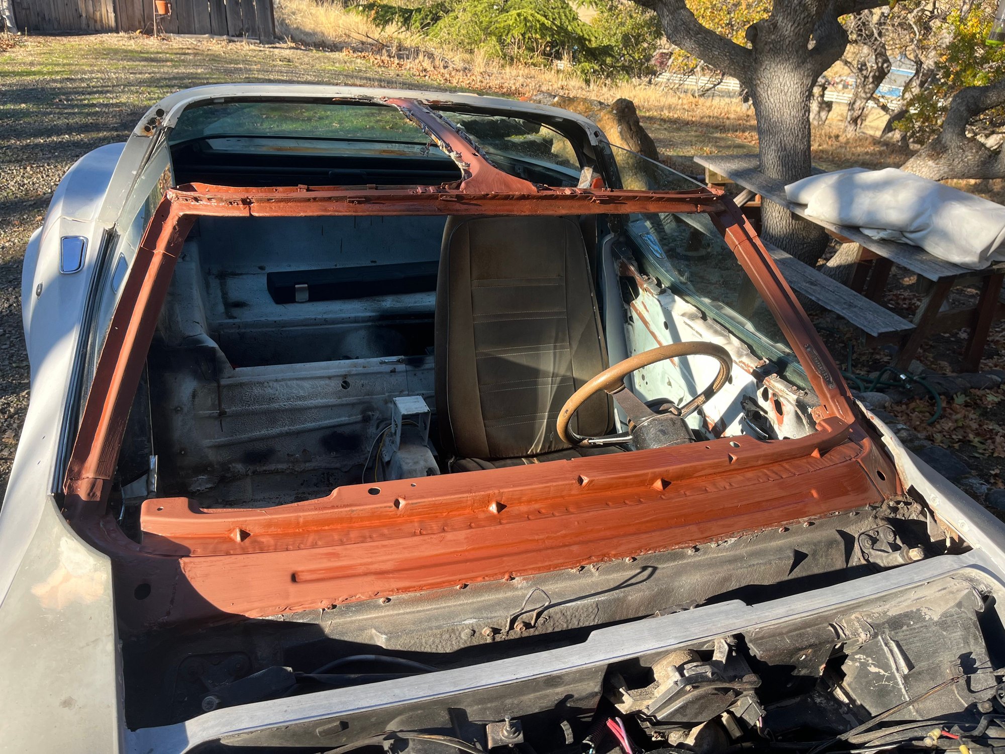I painted the first coat on the windshield frame & center beam of the birdcage. I used Rustoleum�s Rusty Metal Primer since I already had it on hand & the metal was starting to rust again. Wiped it down with mineral spirits & put on a good solid first coat.