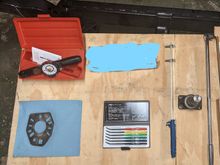 (Top row) 0-30 in-lb Dial TQ wrench,  (2nd row) pinion holder TQ bracket, Rockwell Hardness Tester File set. posi rotating tool - homemade, posi holder - old worn out yoke, 28" breaker bar (I removed the not useful beam TQ wrench)