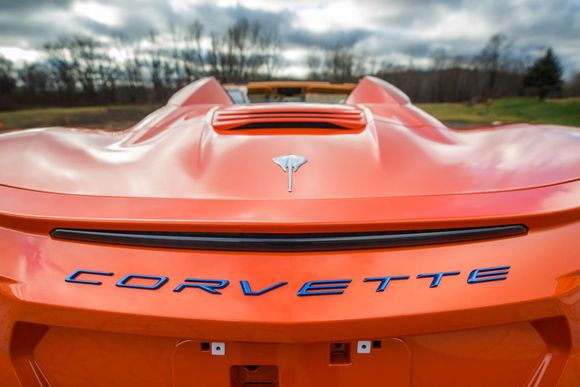 Corvette script rear emblem in Elkhart Lake Blue