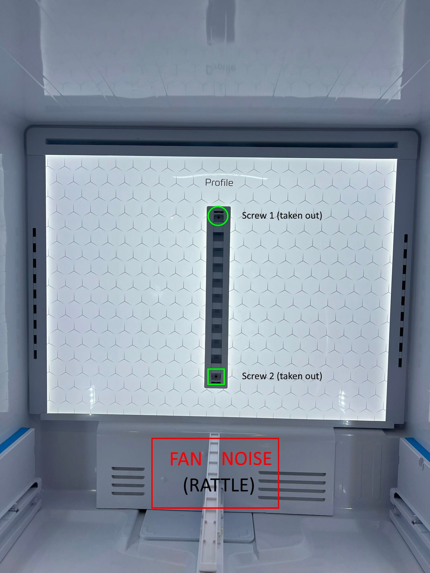 GE Profile fridge PVD28BYNFS periodic fan noise how do I get the back