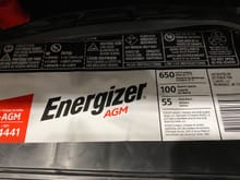 Energizer AGM battery (Group 35).
