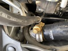 Passenger-side elbow of the Mishimoto radiator.