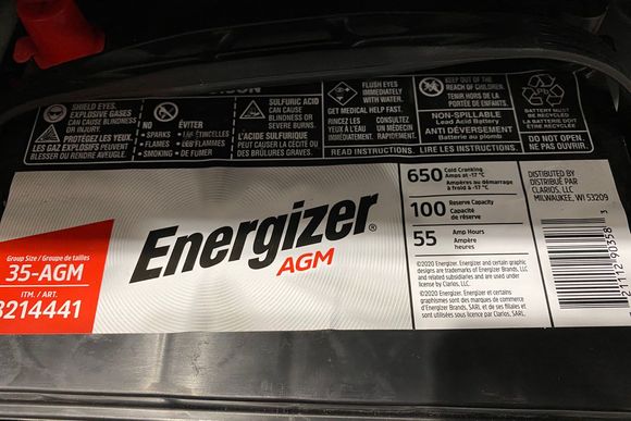 Energizer AGM battery (Group 35).