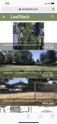 This is an example of what land costs where we moved FROM!   Concord Ca. Where the daily rush hour starts at 4:00am and ends at 8:00pm. Takes an hour to drive 10 miles. Broken roads, very high property taxes and crazy crime.