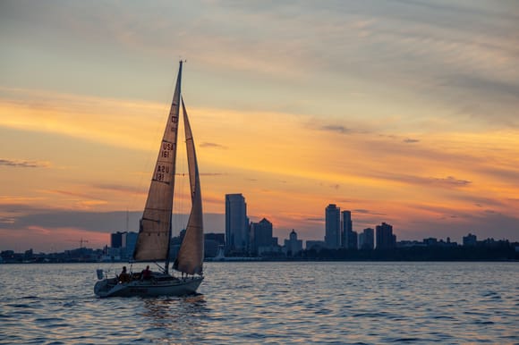 Under sail on Lake Michigan - Milwaukee skyline in the background