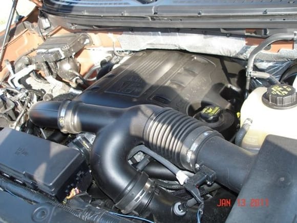 Engine Bay, the EcoBoost uses 5w-30 as it is written on the oil cap.