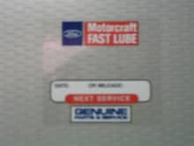 Detail of the Motorcraft oil change reminder stickers I picked up on ebay.