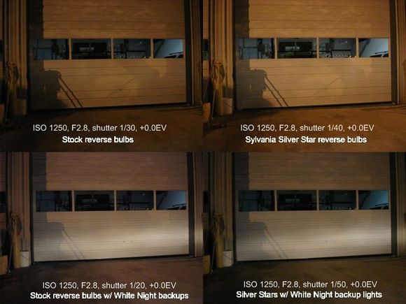 Sylvania 3156 Silver Star reverse bulbs vs. OEM bulbs.  Also comparison shots with White Night reverse lights.