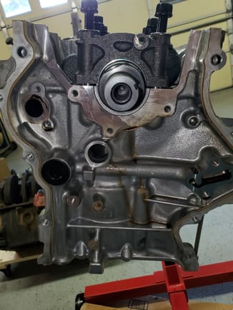Front of block, oil pump removed.  Gonna get ARP main studs, and head studs.  This thing gonna be on lock!