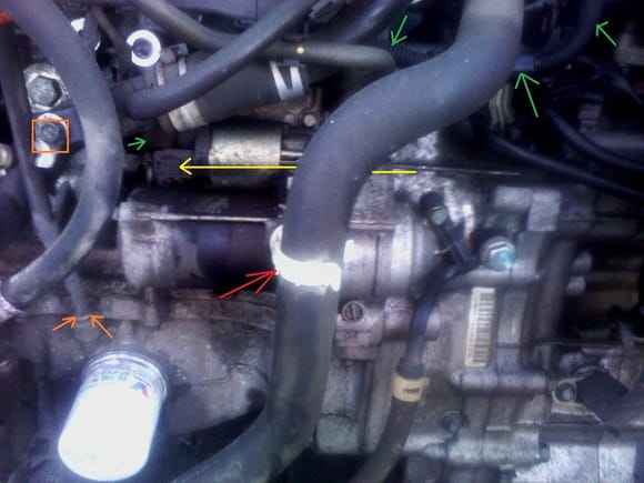 When removing dipstick tube use modified trim removal tool to pry it up (at orange arrows) remove the lower hose bracket (red arrow) from the starter first  Yellow arrow points to "quick" connector. Once starter is disconnected from the engine it needs to be pulled down together with battery wire (green arrows), so it must be removed from its brackets and from the battery positive post.  the battery 