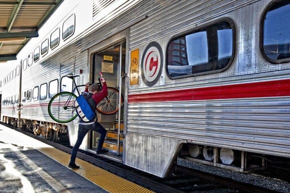 A Caltrain bike car allows bicycle commuters to ride the rails, too. Chip Chipman/Bloomberg