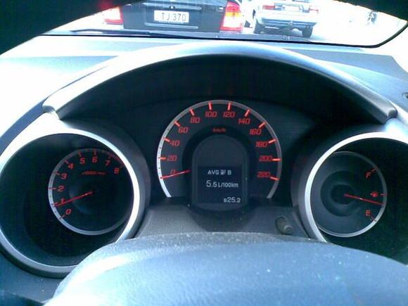 5.5 l/100km!!! Translates to about 43 mpg(US) on the gauge or 39 mpg(US) in reality

Photo taken sitting at the lights (not driving!)