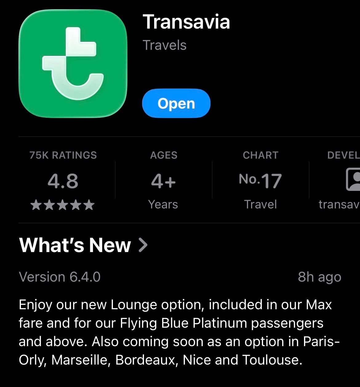 Transavia app update mentioning lounge access