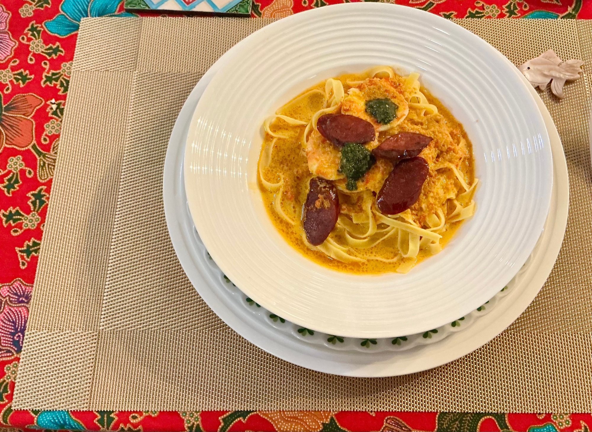 Laksa with chorizo is prawns