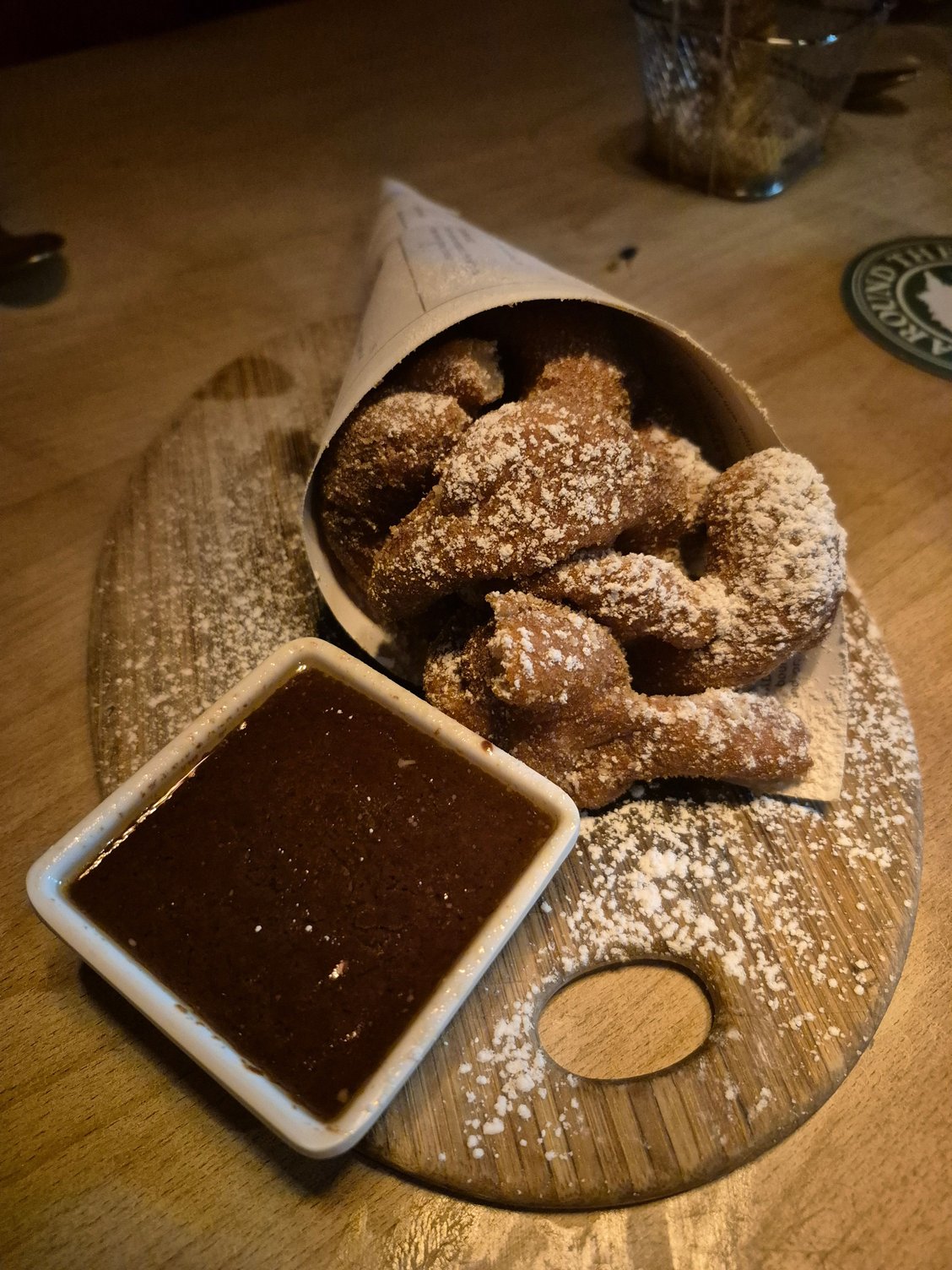 Churros with cinnamon sugar, hot chocolate dipping sauce