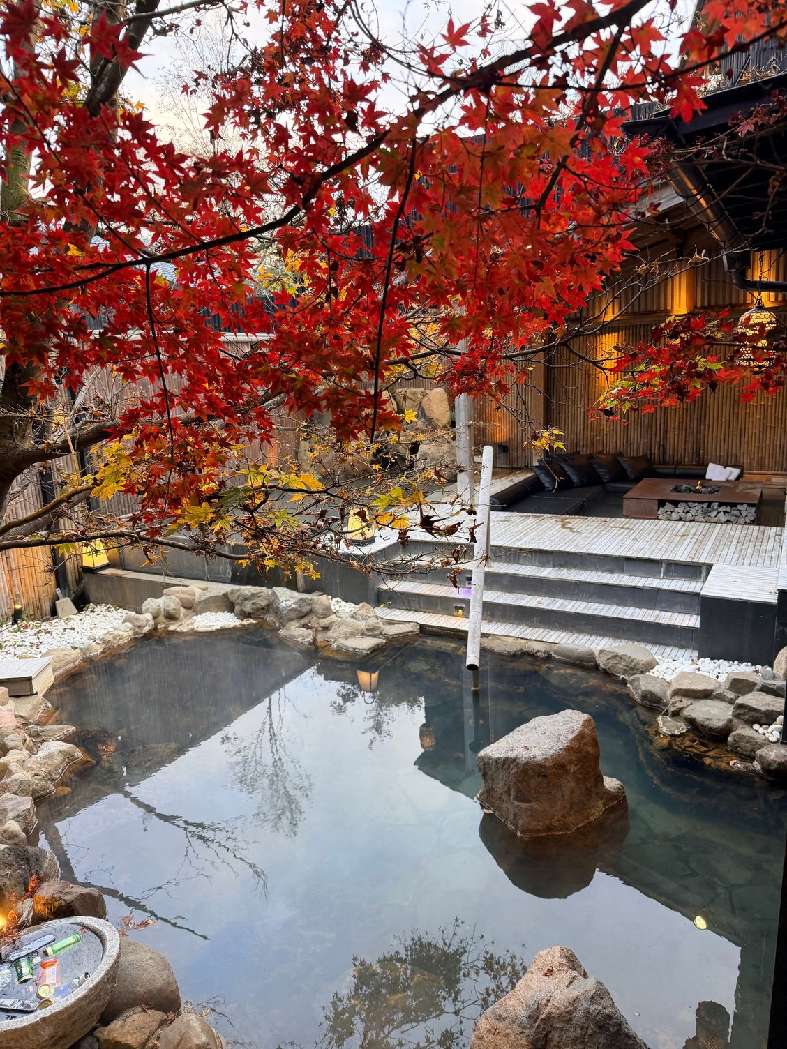 Rock pool onsen at the room with drinks. Air temperature was between 2-10.