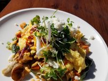 Roasted chicken hash - hearty breakfast choice, seen here with scrambled eggs