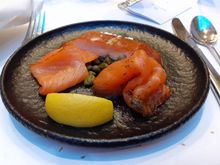 Trio of Scottish salmon ( cold breakfast option)- tasty but maybe too much salmon -upper piece  was not as good as the side pieces