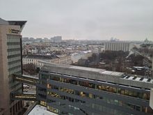 View from Rm 1231 Hilton Vienna Park. Part of Stadtpark visible, intetcontinental hotel in the middle, Karlskirche to the right (beautiful it up at night) and the Dome of the Belvedere to the left 