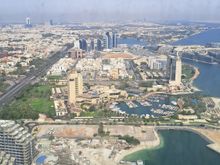 Inland view from level 45 lounge. Intercontinental hotel in the middle distance. A few tables look up the corniche but the glass is tinted