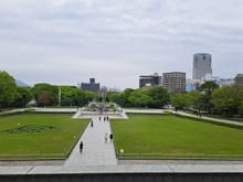 View from the walkway in the museum towards the peace park, cenotaph and A-dome building