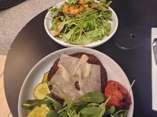 Impossible burger without bun or cheese, with cheese; arugula salad drenched in some molasses vinaigrette (very unpleasant)