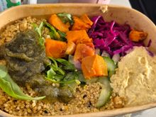 Grain Salad with roast pumpkin and homous. 