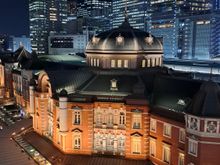 View of the facade of tokyo station from the 6th floor roof garden at the kitte building. Beautiful at night