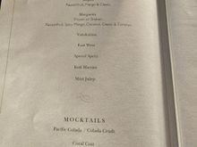 Evening drinks menu