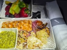 Snack? Or maybe lunch? - Salmon, quinoa, roasted veggies with a side of fruit