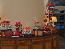 by the lobby lounge area . Hampers are for sale