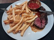 Steak, pretty decent, but was lukewarm only while the fries were too hot