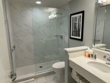 Beautiful bathroom. Have to straddle toilet to reach through cutout in glass to turn on shower.