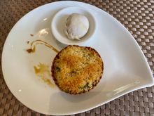 Caramelised banana chocolate crumble with coconut ice cream 
