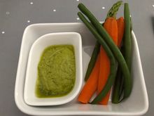 Thai basil dip with blanched vegetables (carrot, string bean, and asparagus)