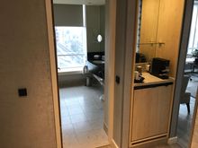 Facing from entry hallway into bathroom