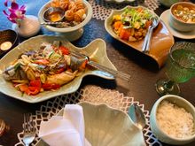 Deep fried seabass , sweet and sour pork , tom yum kung ..