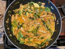 Thai red curry with peppers, onions, calabaza squash, kale, and tofu