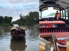 Sampan coming into Azerai Can Tho dock; view within sampan