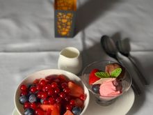 Berries in rose water and tricolour ice cream. Refreshing and pleasant end to the meal. 